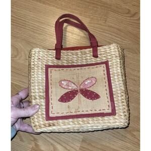 Vintage Rattan Sequined Butterfly Straw Purse Tote Summer Beachy Vacation